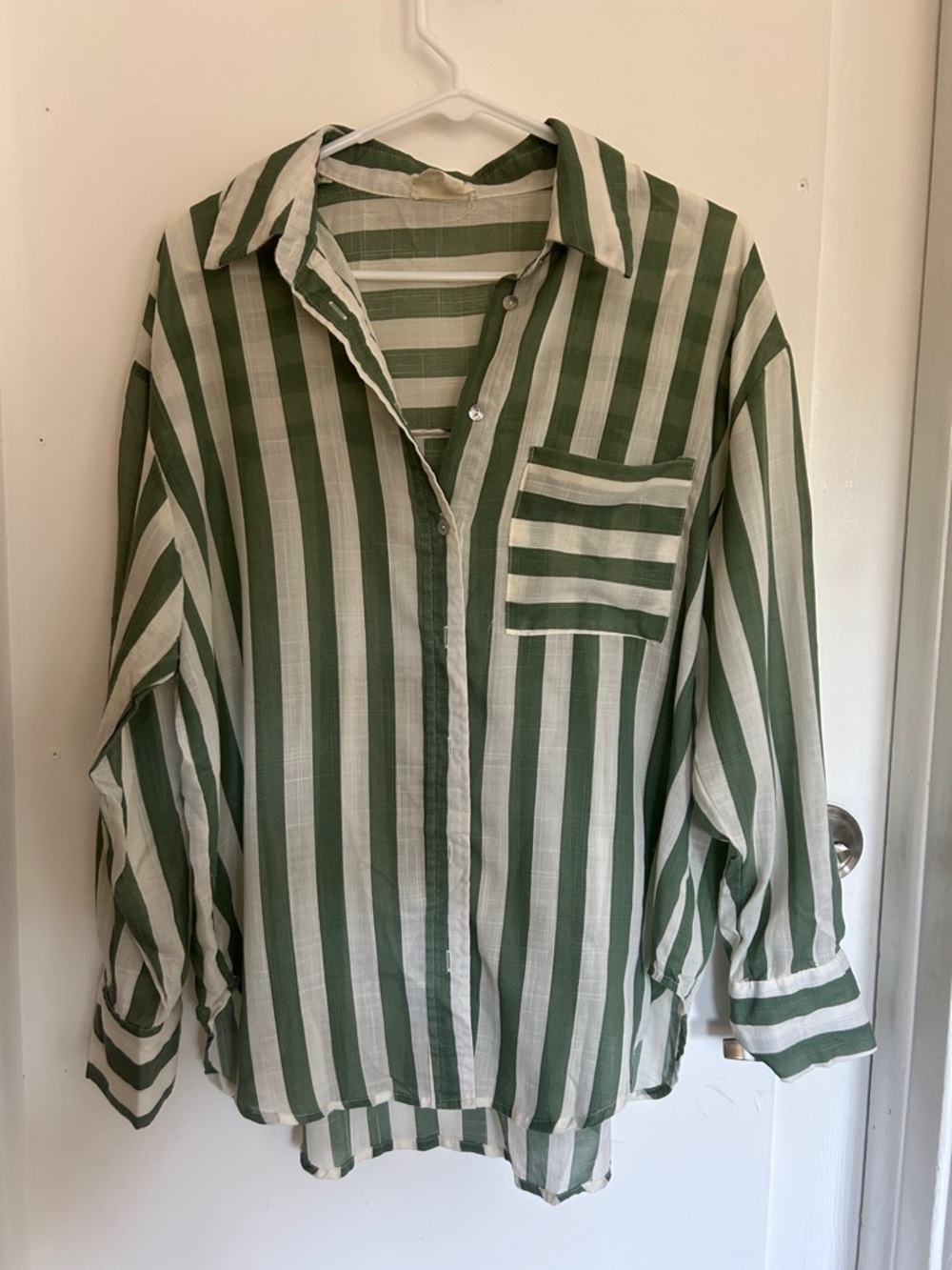 Striped Green & White Button-Down Shirt